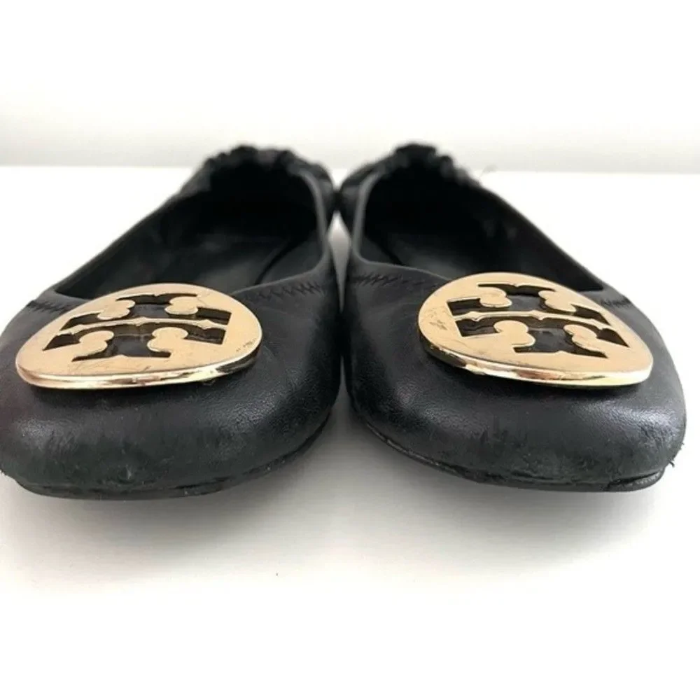 Tory Burch Black Reva Ballet Flat with Gold Emblem, Size 7